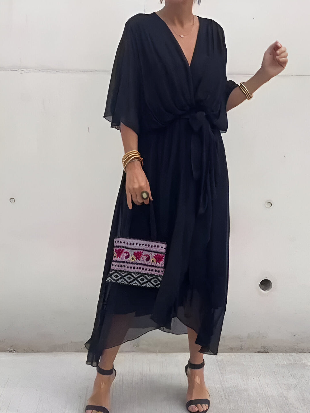 Dark navy chiffon V-neck dress with gathered waist tie and loose elbow-length sleeves
