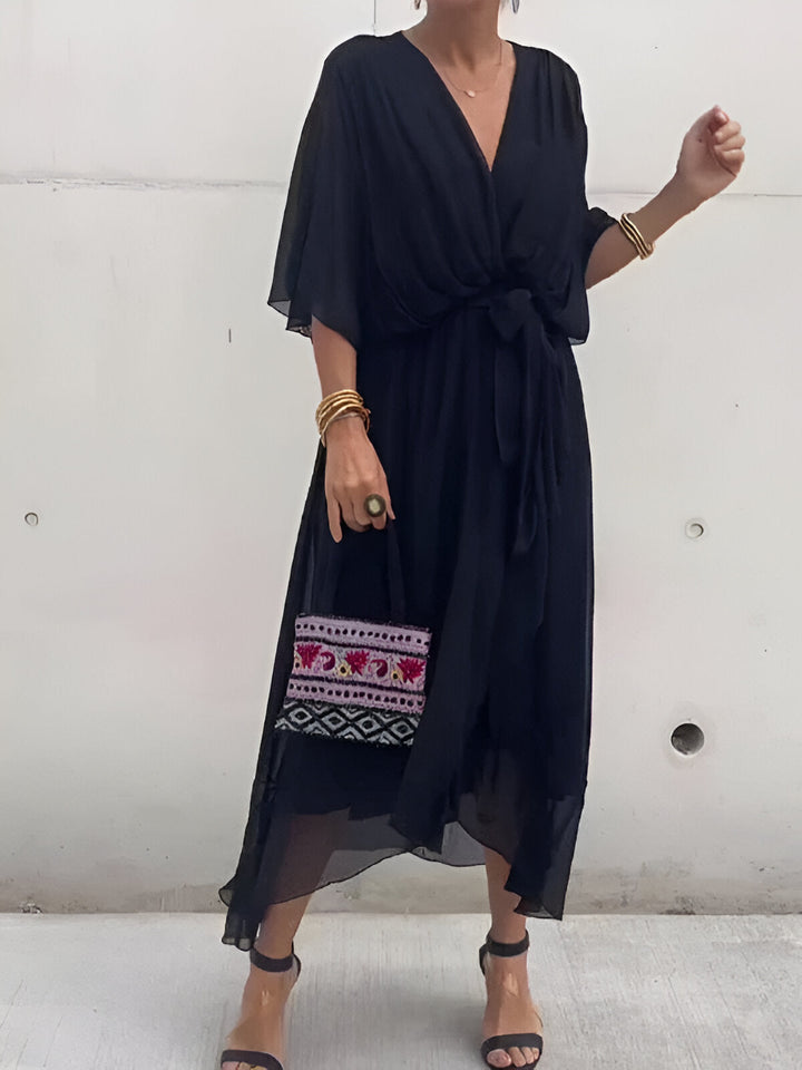 Dark navy chiffon V-neck dress with gathered waist tie and loose elbow-length sleeves