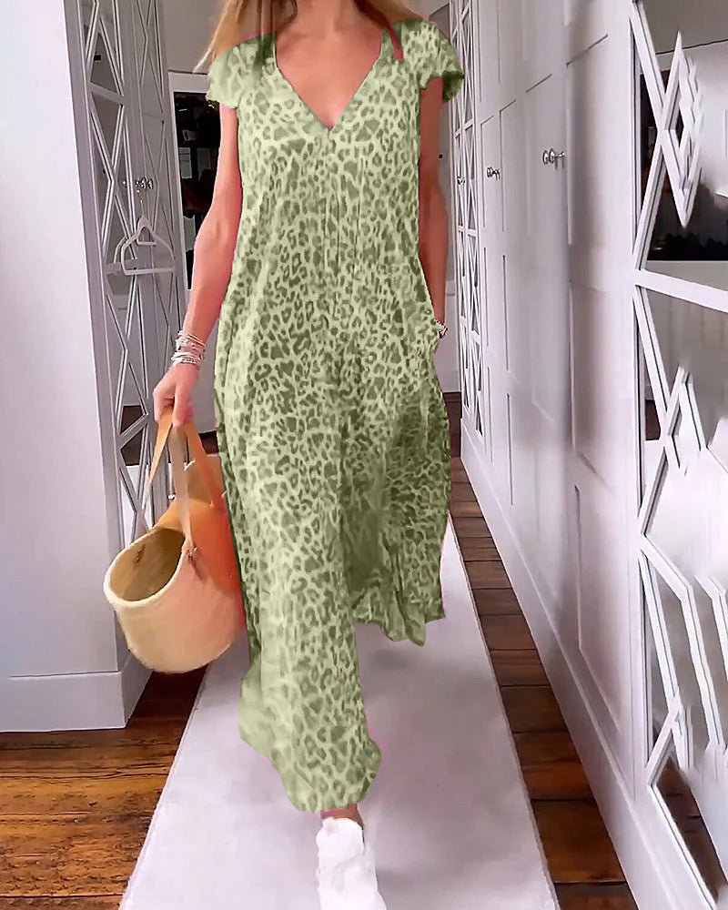 Light green leopard-print relaxed maxi dress with V-neck and flowing maxi length