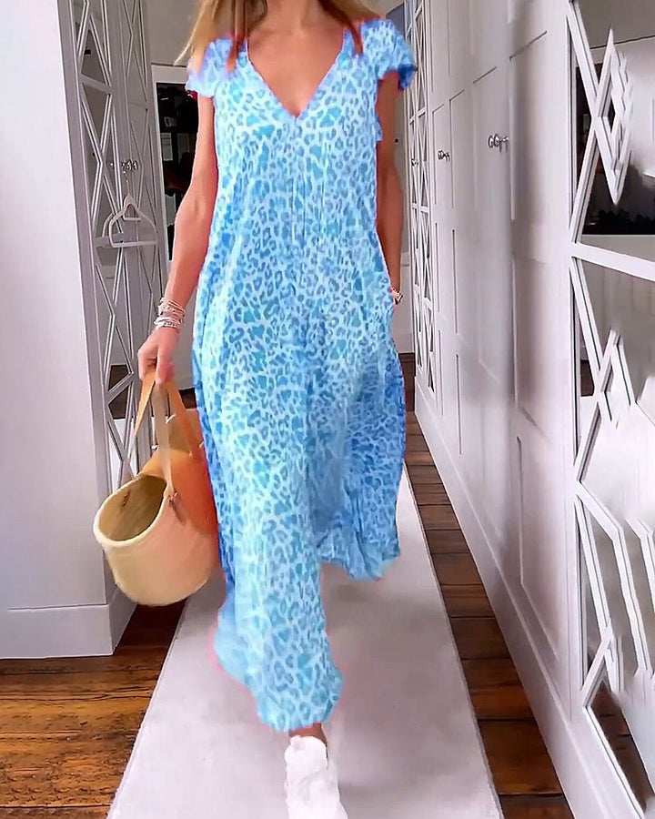 Blue leopard-print relaxed maxi dress with V-neck and short flutter sleeves