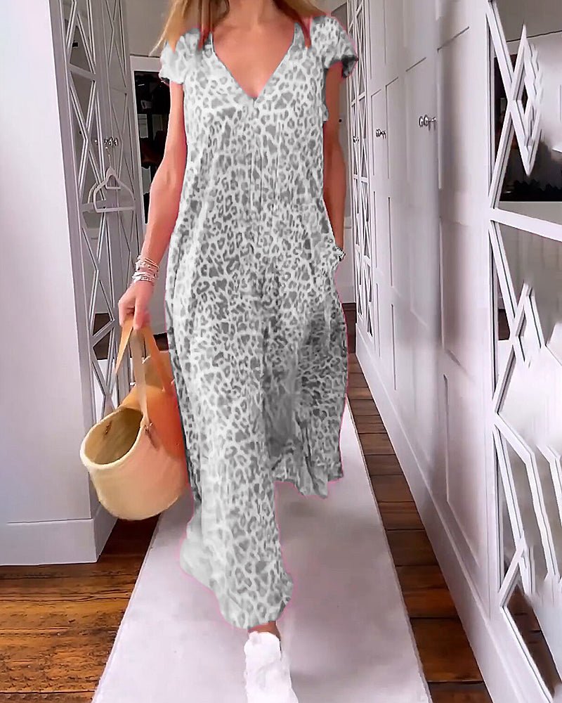 Gray leopard-print relaxed maxi dress with V-neck and short flutter sleeves