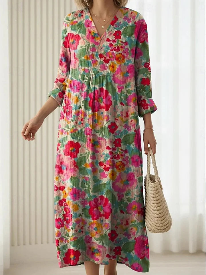 Floral comfort dress, V-neck, button front, long sleeves, gathered waist