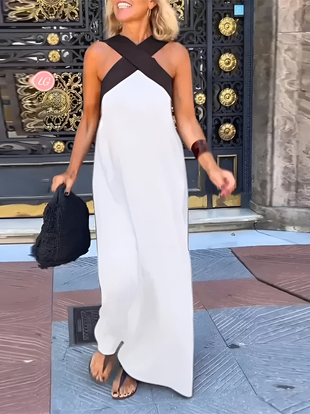 Maxi dress with crossed cut-out straps, sleeveless, white