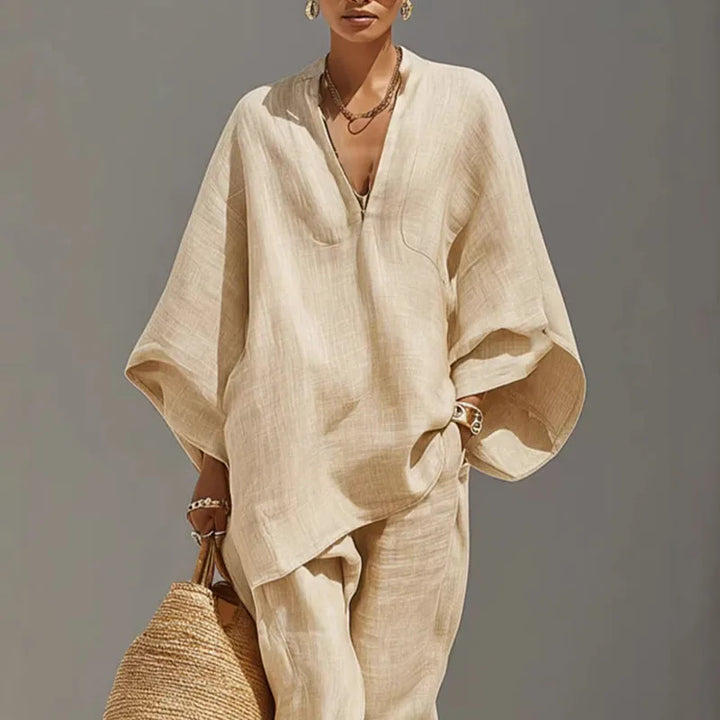Apricot two-piece set with V-neck tunic, batwing sleeves, and cuffed jogger pants