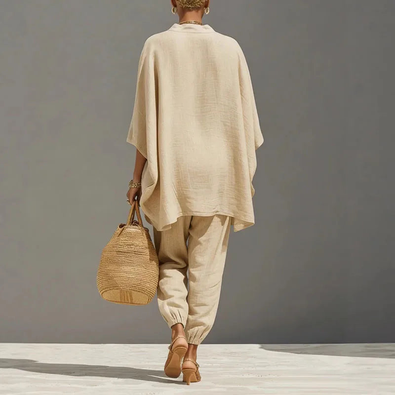 Apricot two-piece set (back view) with batwing tunic and cuffed jogger pants