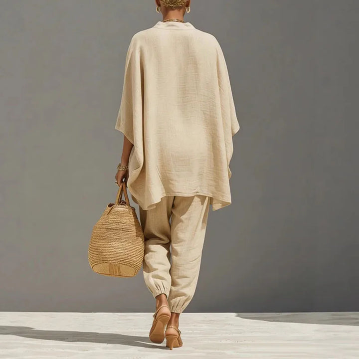Apricot two-piece set (back view) with batwing tunic and cuffed jogger pants