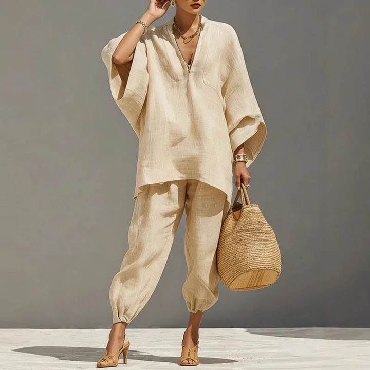 Apricot V-neck tunic two-piece set with batwing sleeves and cuffed jogger pants