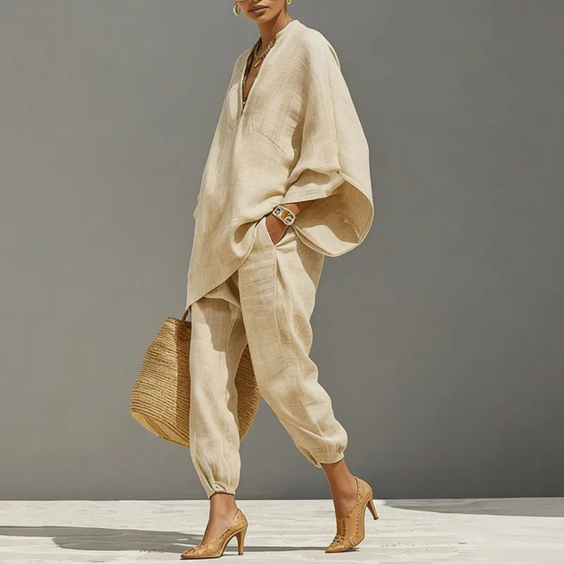 Apricot two-piece set with V-neck tunic and relaxed cuffed jogger pants