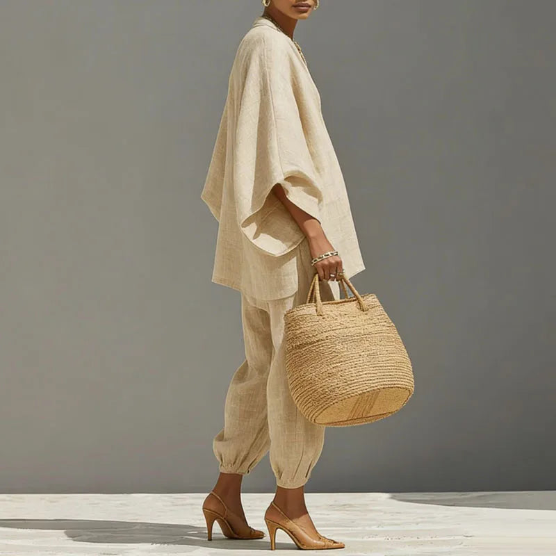 Apricot two-piece set with V-neck tunic, wide batwing sleeves, and cuffed jogger pants