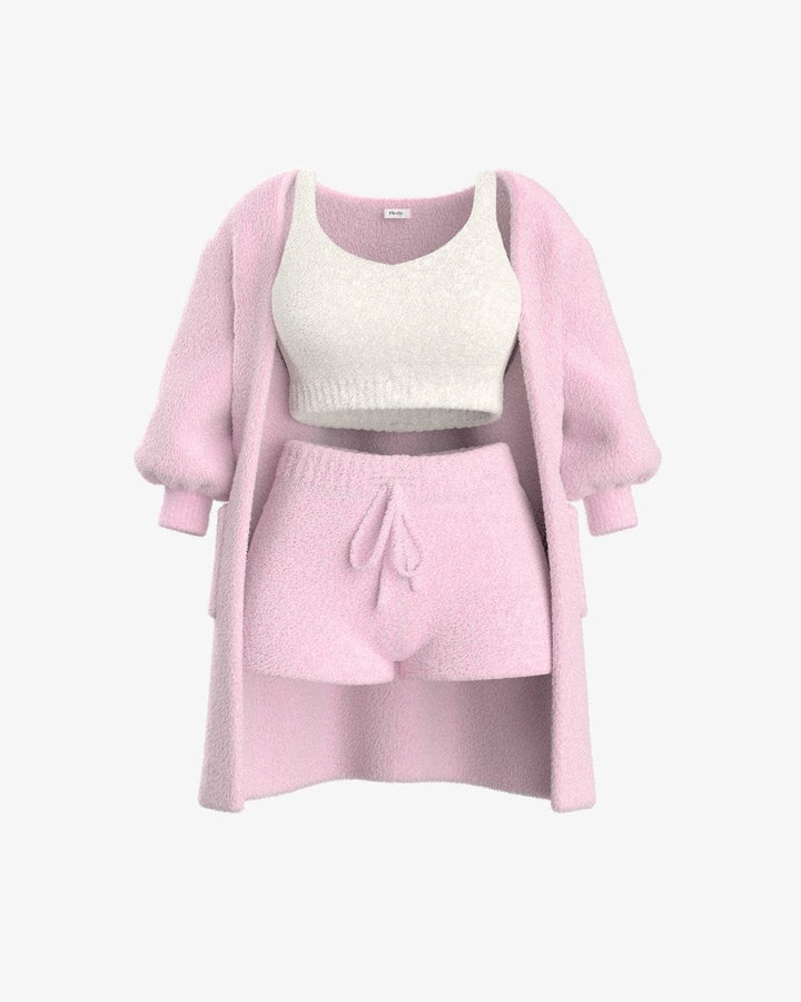 Pink cozy knit cardigan, crop top, and shorts set