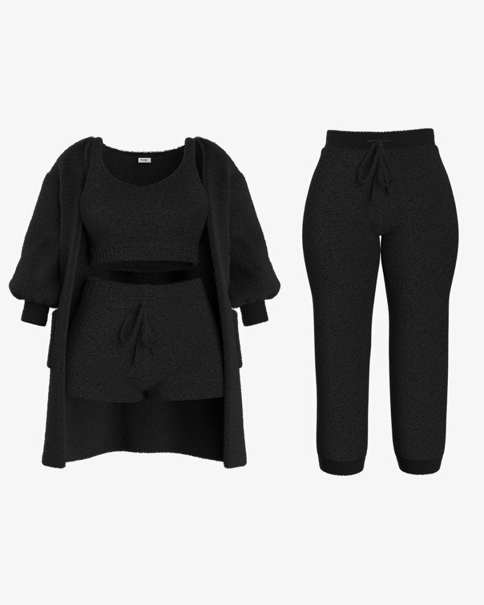 Black cozy knit cardigan, crop top, shorts, and leggings set