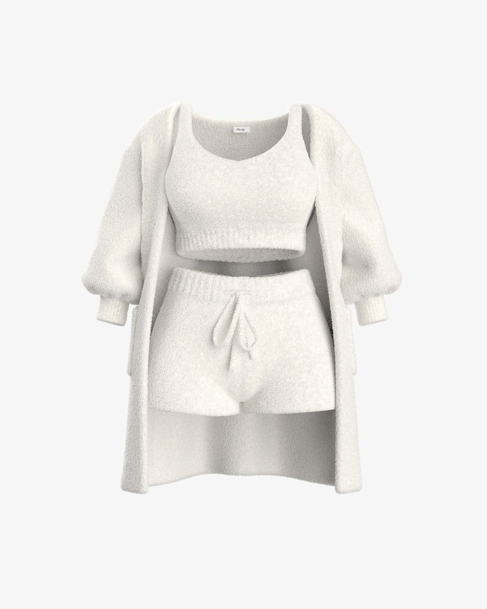 White cozy knit cardigan, crop top, and shorts set