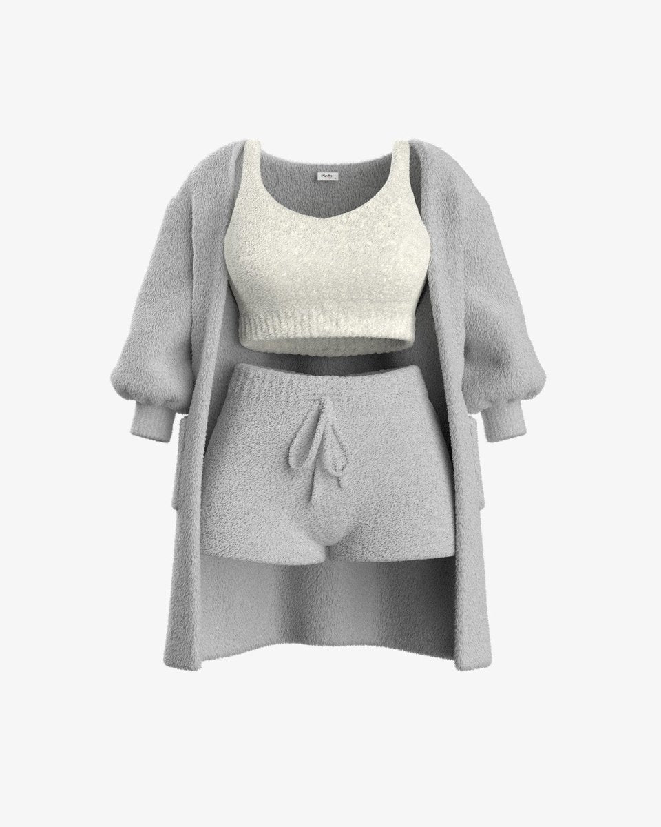 Gray cozy knit cardigan, crop top, and shorts set