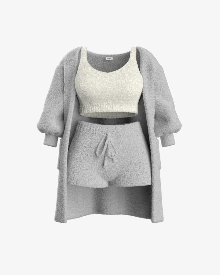 Gray cozy knit cardigan, crop top, and shorts set