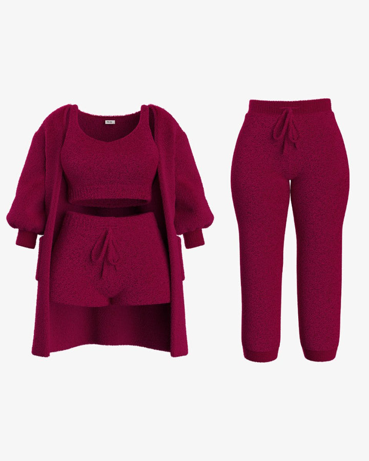 Red cozy knit cardigan, crop top, shorts, and leggings set
