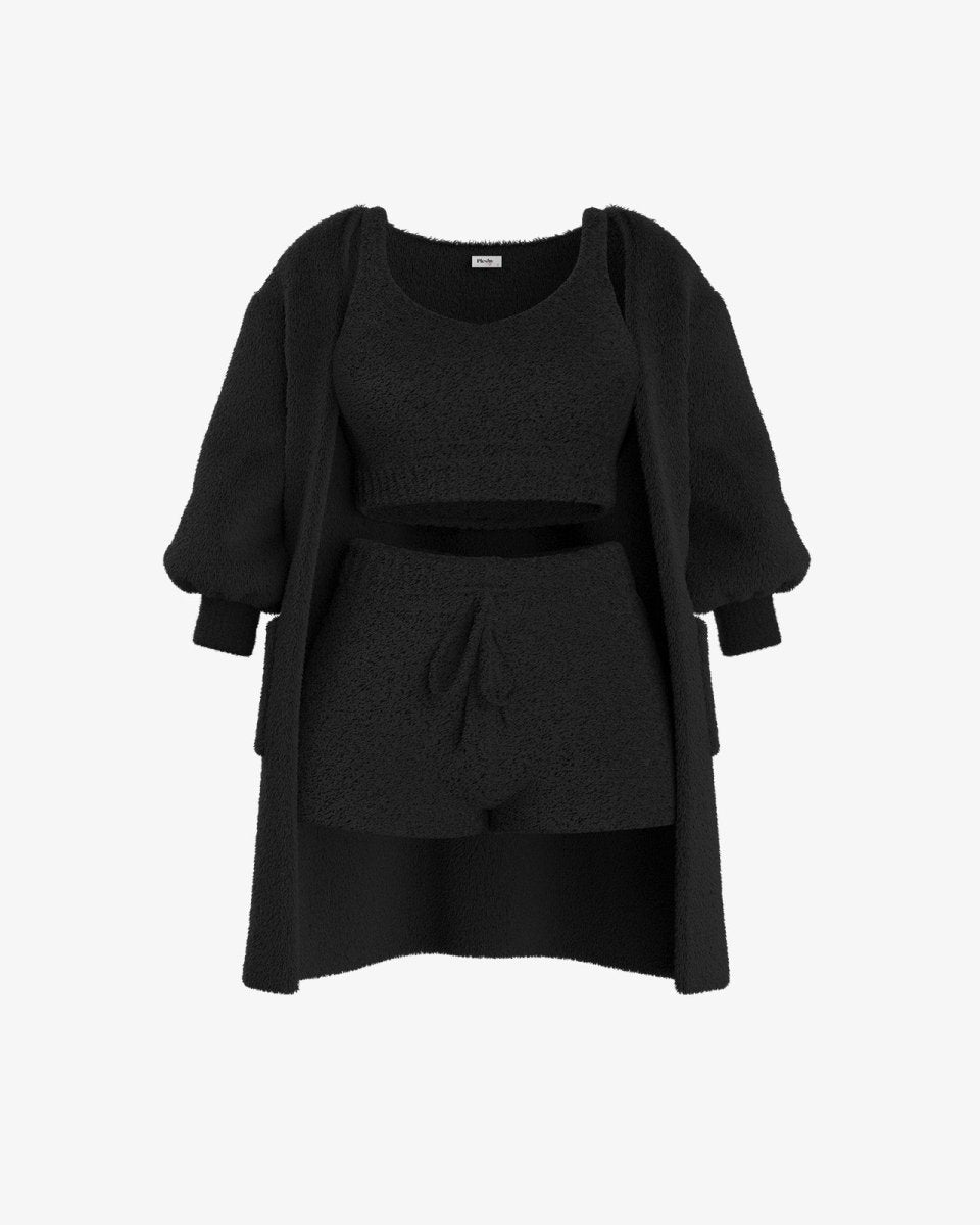 Black cozy knit cardigan, crop top, and shorts set
