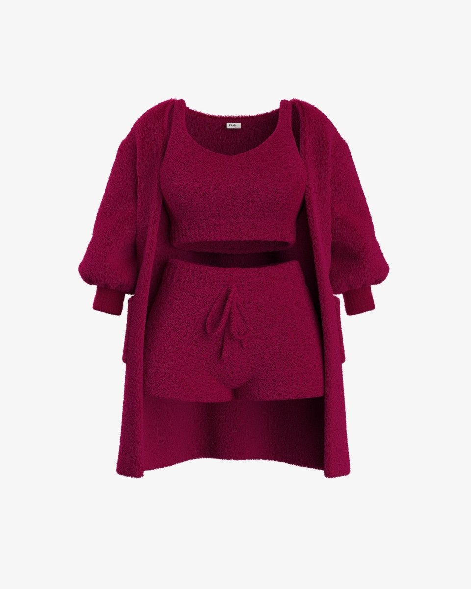 Red cozy knit cardigan, crop top, and shorts set