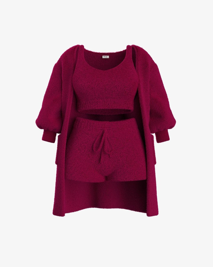 Red cozy knit cardigan, crop top, and shorts set