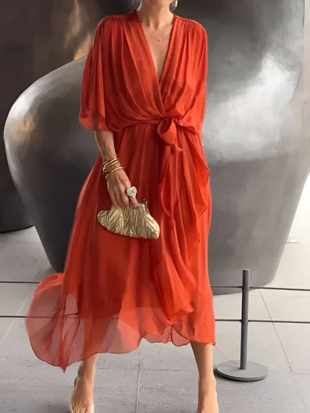 MONICA chiffon V-neck dress, orange-red, tie waist, knee-length, short sleeves