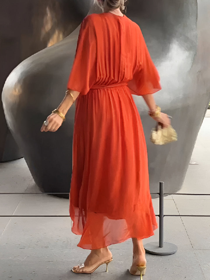 MONICA chiffon V-neck dress, orange-red, gathered back, tie waist, midi length
