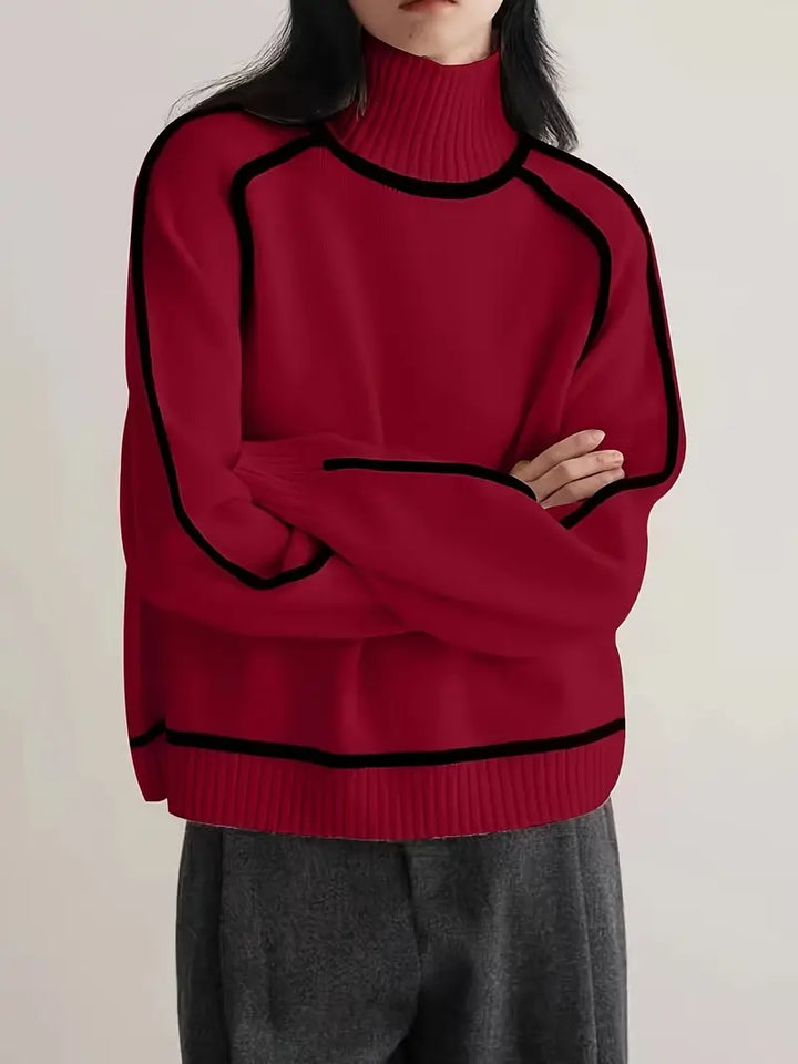 Luxe trim turtleneck sweater, burgundy knit with black edging and long sleeves