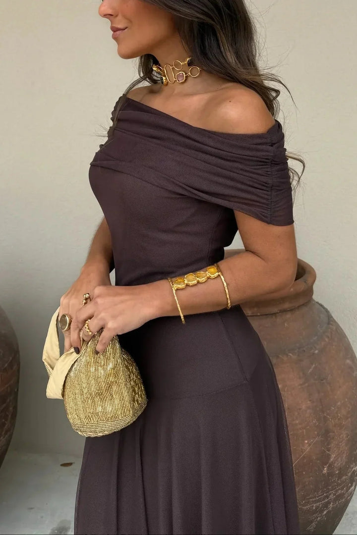 One-shoulder pleated maxi dress, dark plum draped one-shoulder