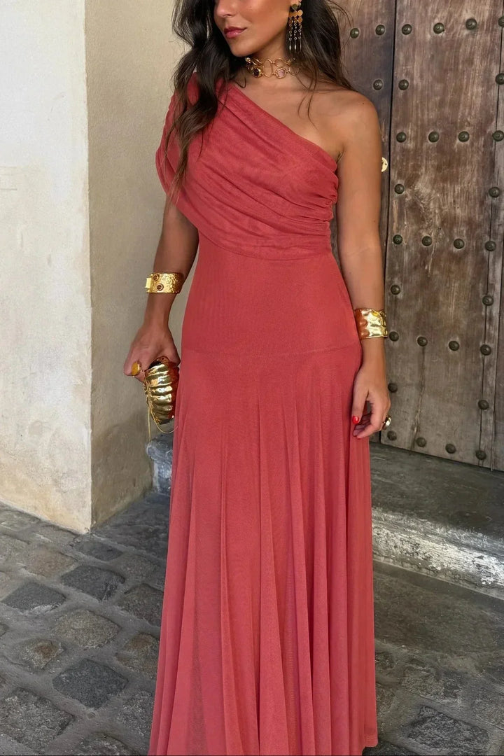 One-shoulder pleated maxi dress, coral red gathered bodice