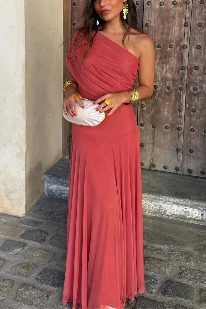 One-shoulder pleated maxi dress, coral red with diagonal one-shoulder strap