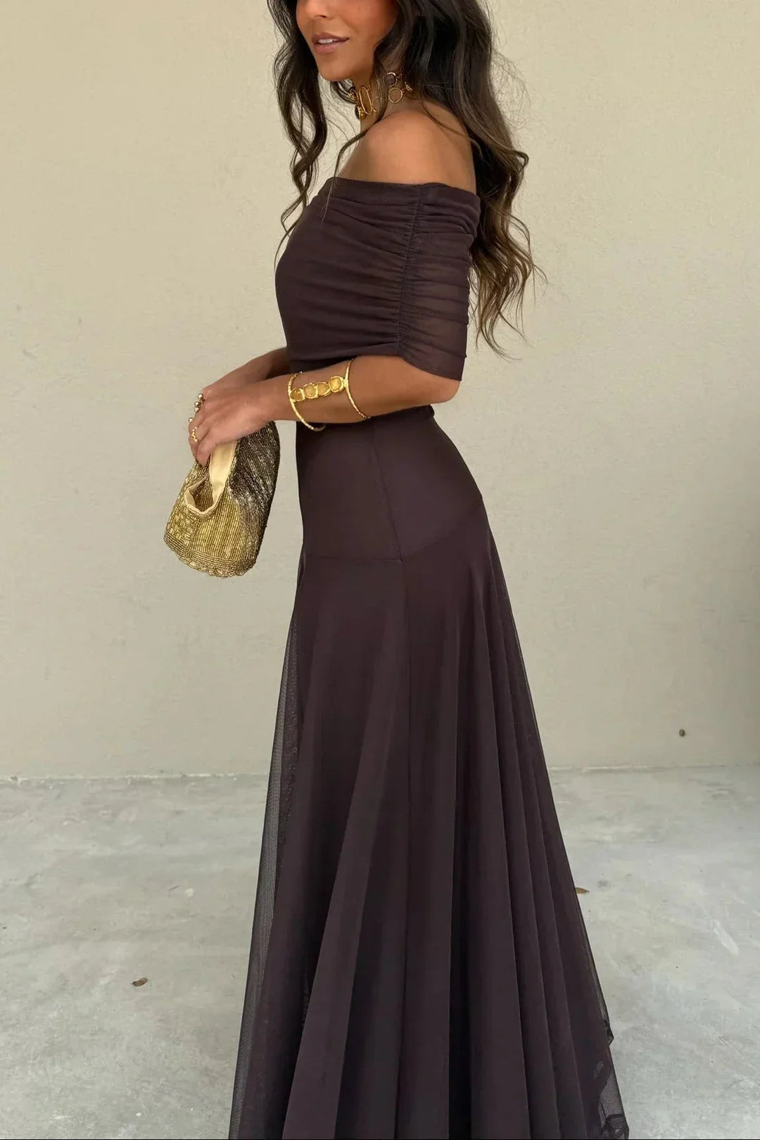 One-shoulder pleated maxi dress, dark plum ruched bodice