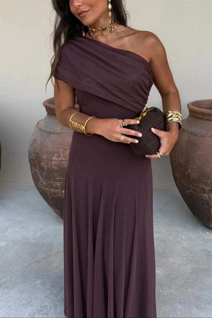 One-shoulder pleated maxi dress, dark plum