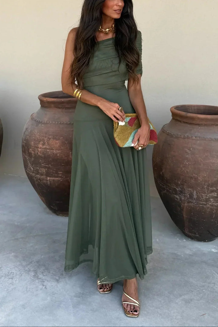 One-shoulder pleated maxi dress, olive green sleeveless