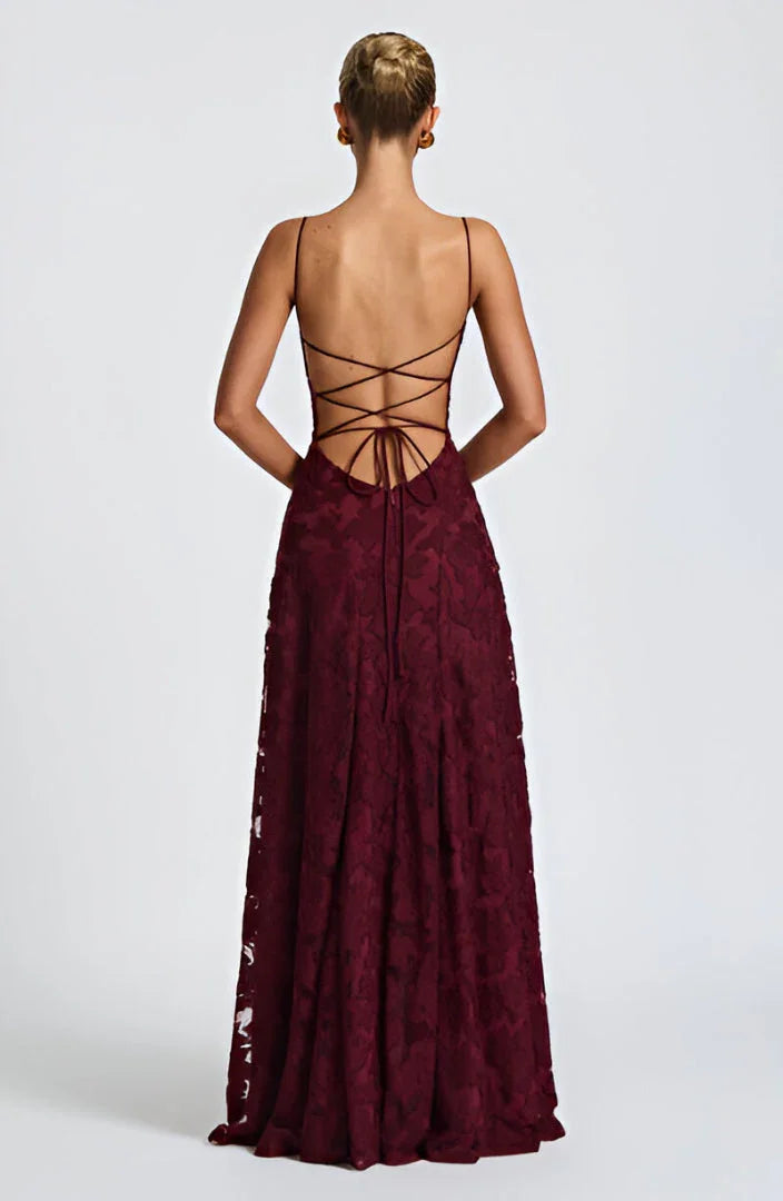Burgundy floral maxi dress with spaghetti straps and crisscross open back