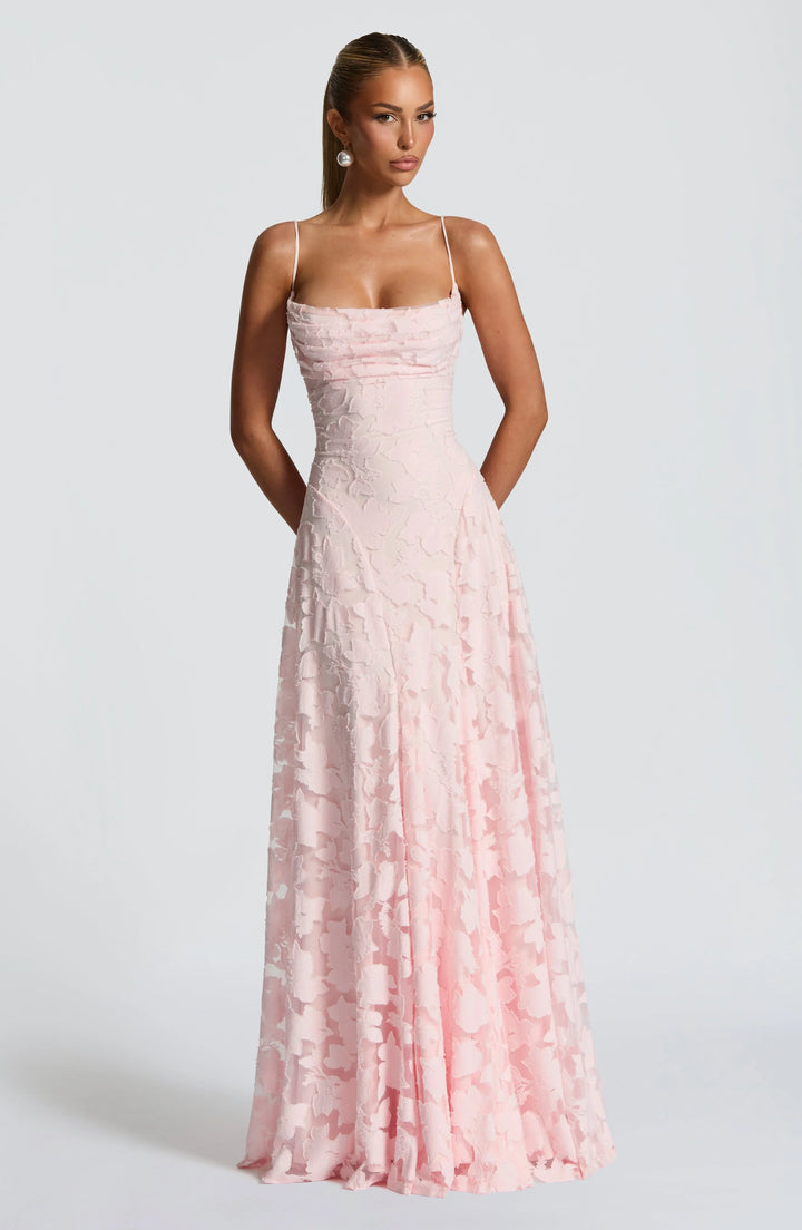 Pink floral spaghetti strap maxi dress with fitted bodice and full A-line skirt