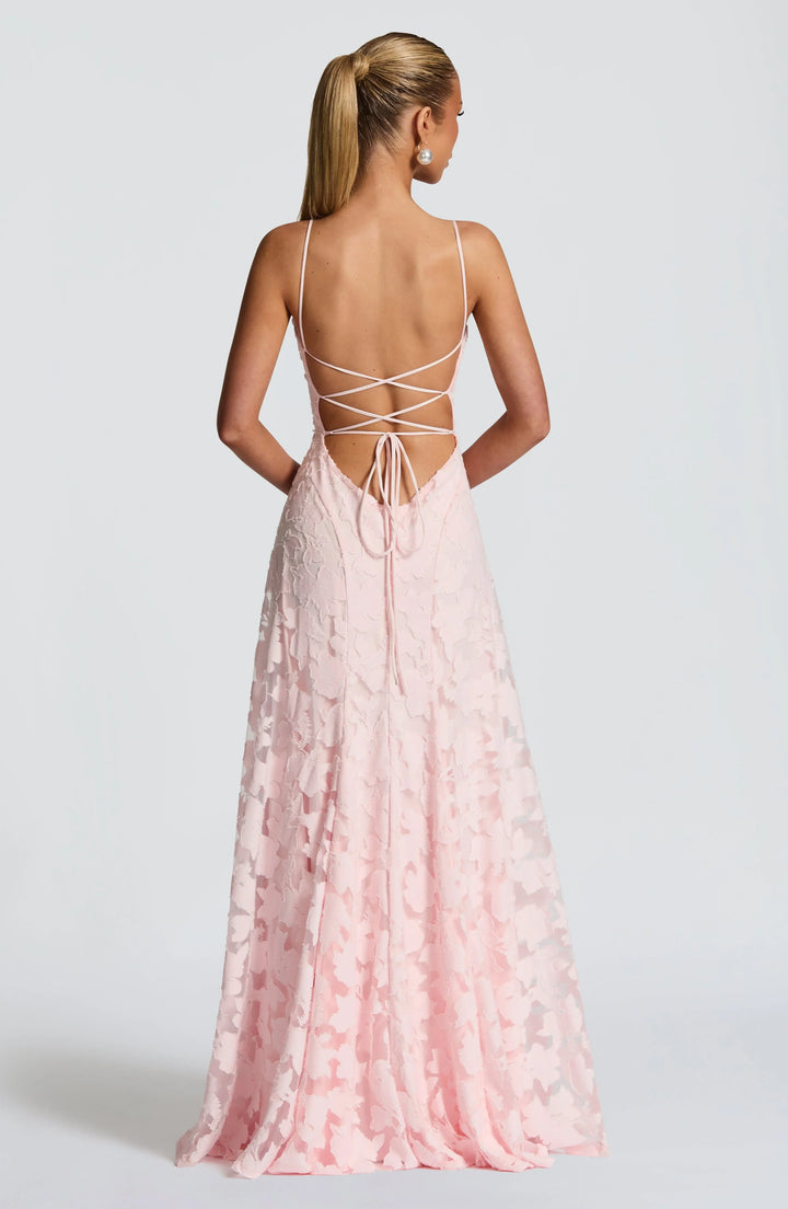 Pink floral maxi dress with spaghetti straps and crisscross open back with tie