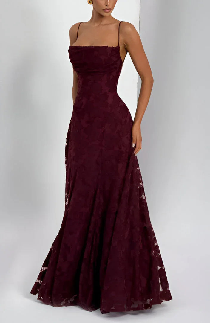 Burgundy floral spaghetti strap maxi dress with ruched corset bodice and full skirt