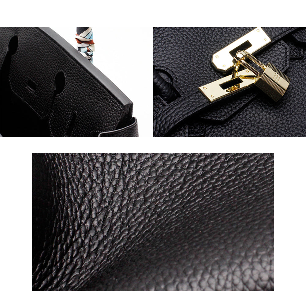 Black textured handbag close-up with gold lock hardware