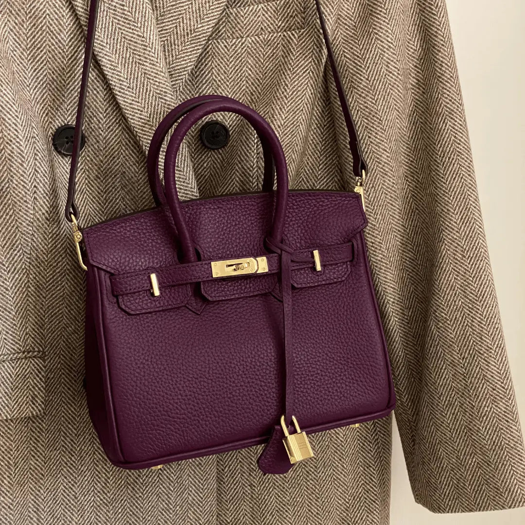 Wine purple textured handbag with gold clasp and short handles