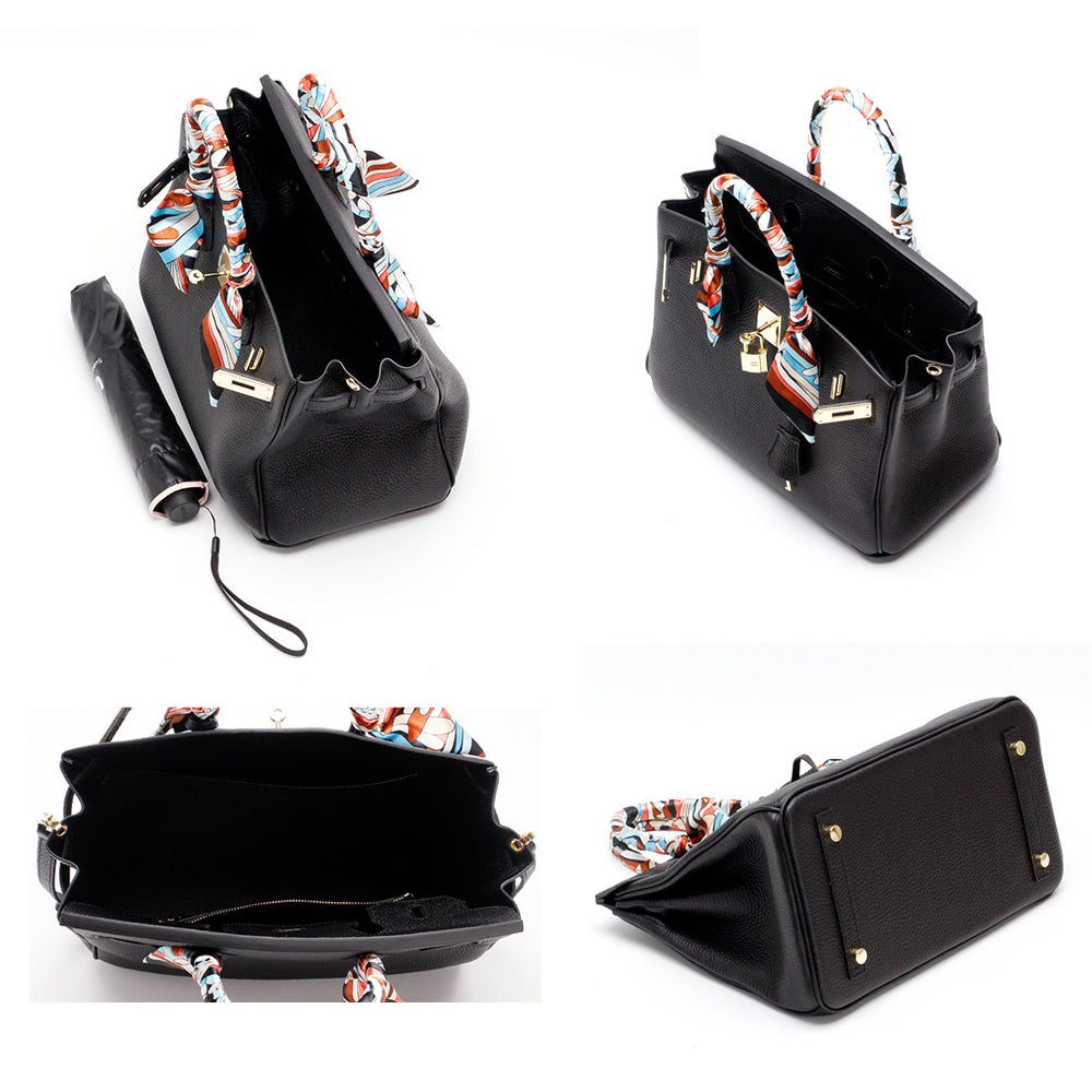 Black handbag with scarf-tie handles and gold lock hardware