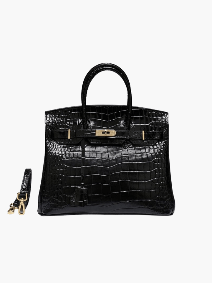 Women’s crocodile-texture handbag in black with top handles and gold-tone front clasp