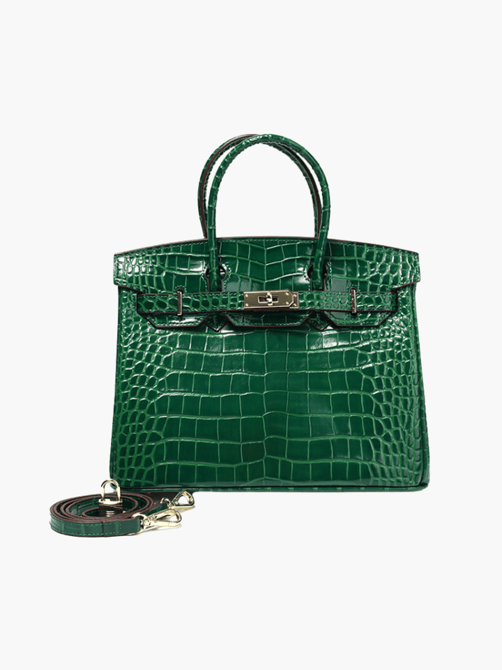 Women’s crocodile-texture handbag in green with top handles and gold-tone lock
