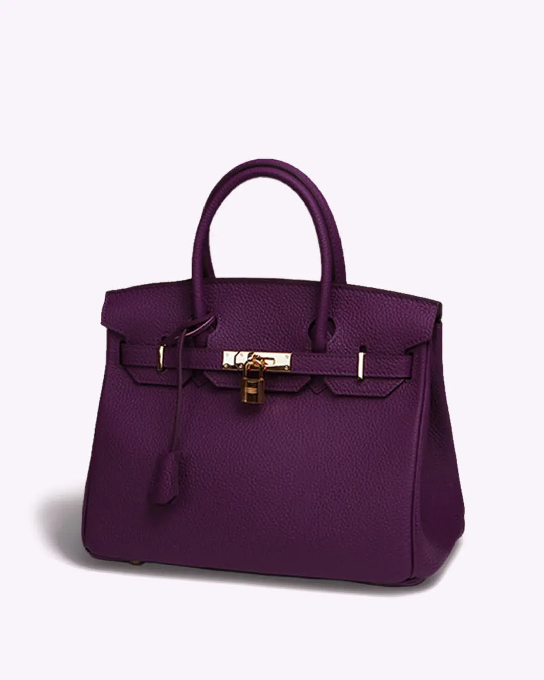 Purple structured handbag with top handles, front flap, and gold-tone clasp hardware