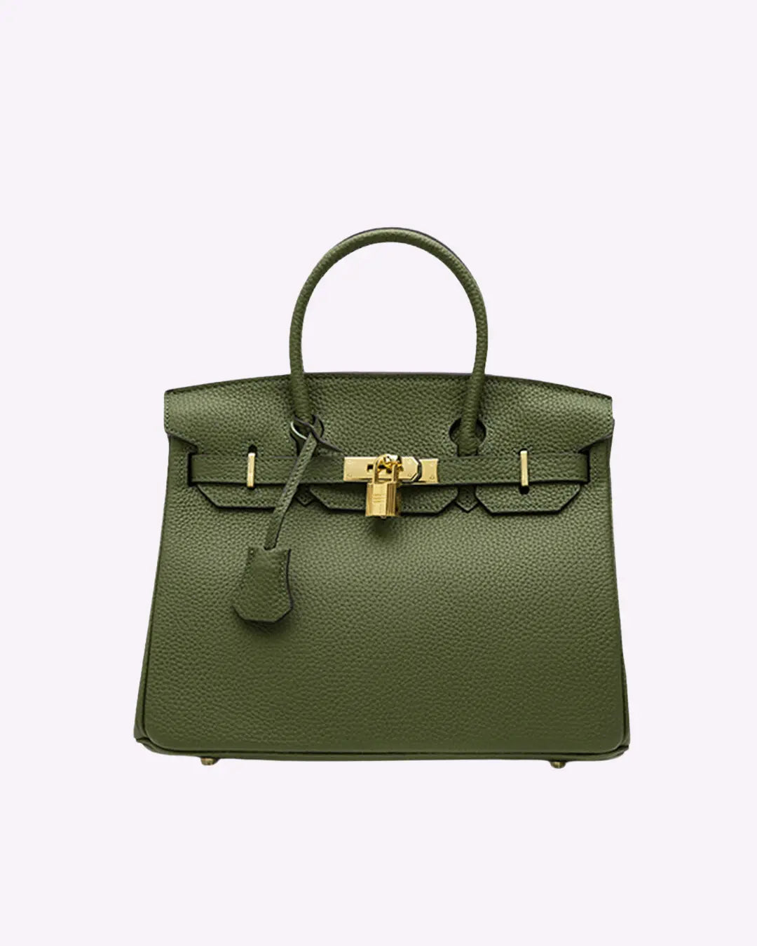 Olive green leather handbag with top handles, front flap clasp, and gold-tone hardware.