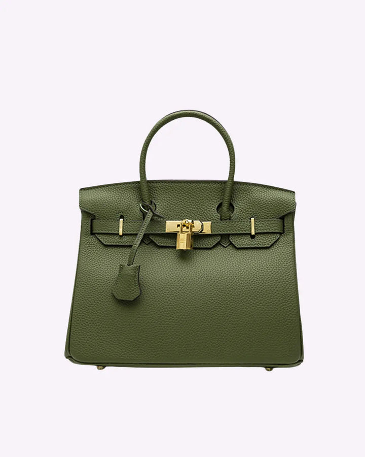 Olive green leather handbag with top handles, front flap clasp, and gold-tone hardware.