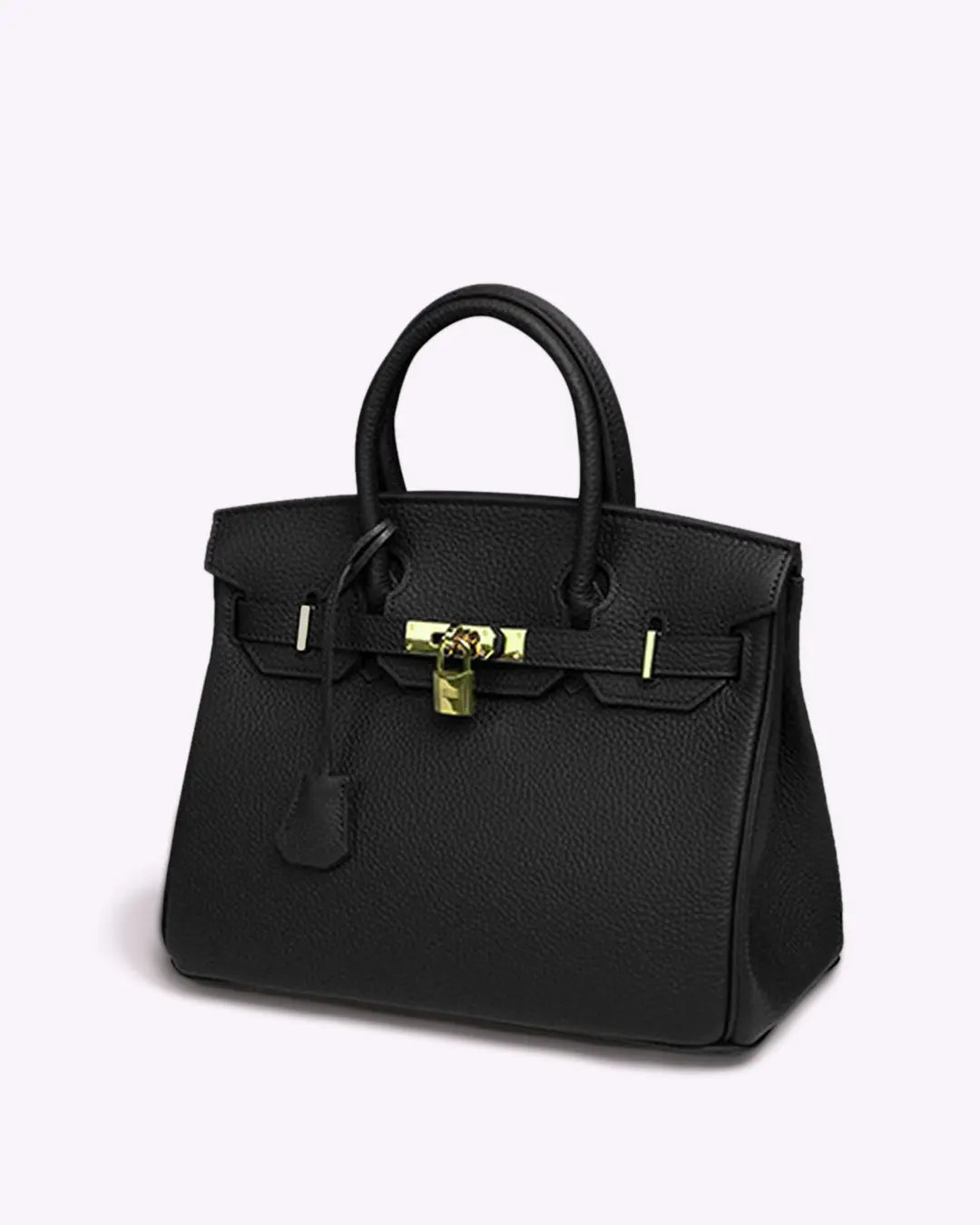 Black leather handbag with top handles, front flap clasp, and gold-tone lock hardware.