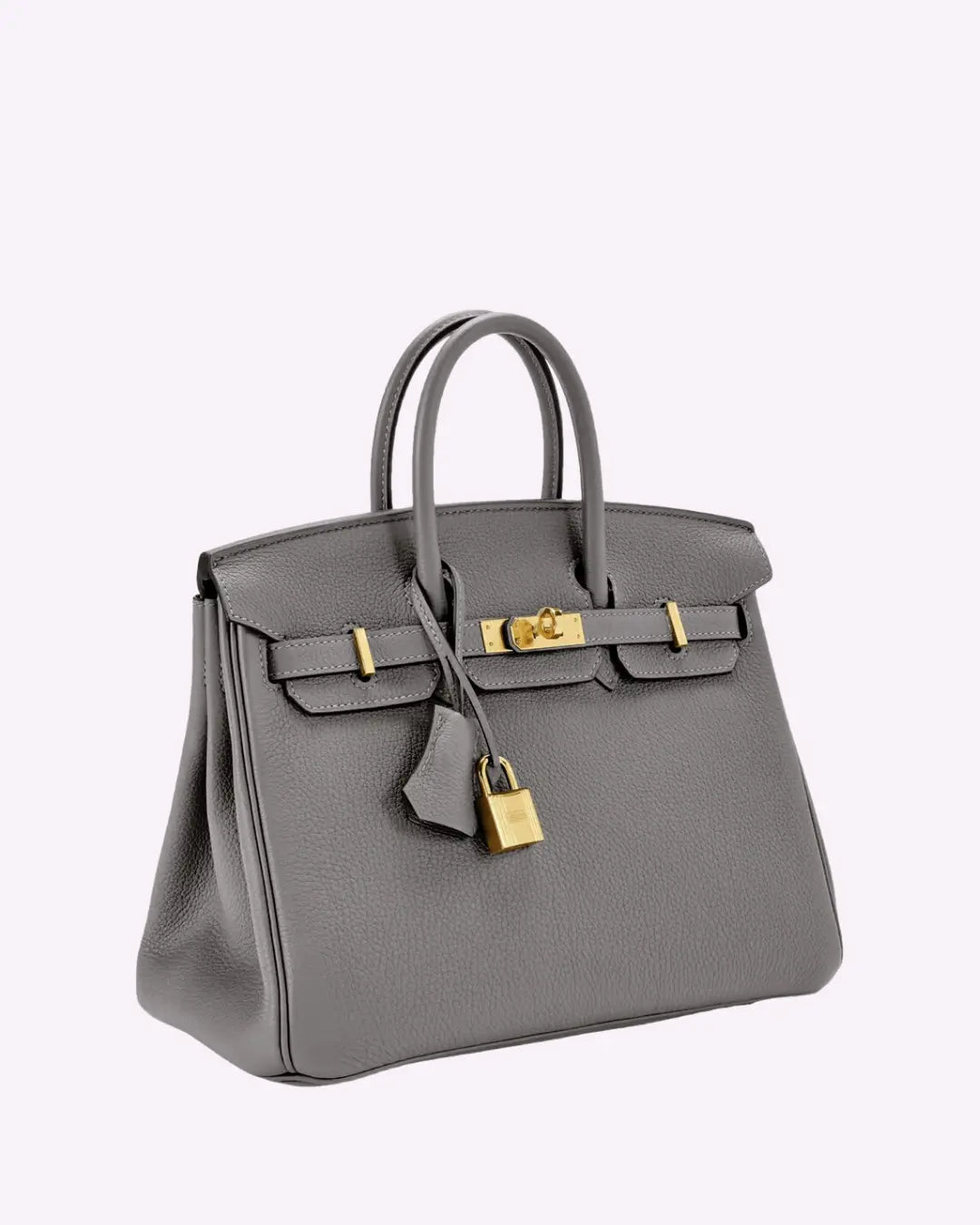 Grey leather handbag with top handles, front flap clasp, and gold-tone lock hardware.