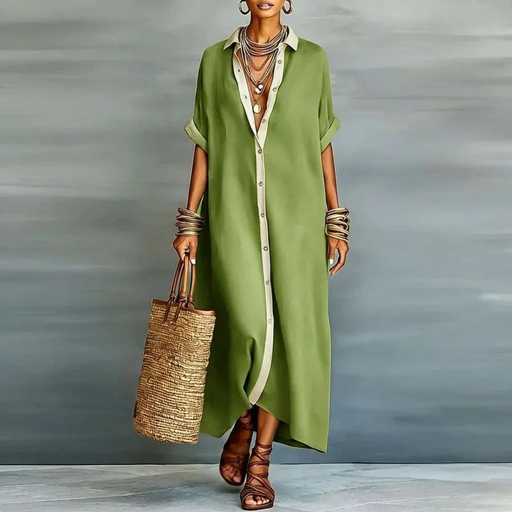 Linen blend shirt dress, green, button-front with shirt collar and short sleeves