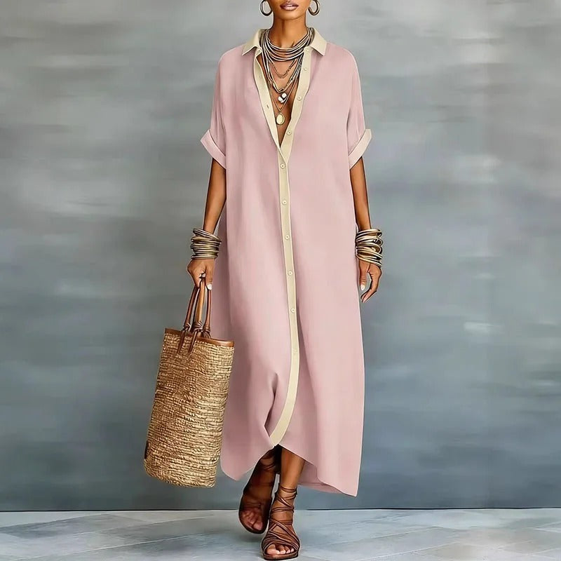 Linen blend shirt dress, pink, button-front shirt collar and short sleeves