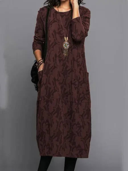 Claret long sleeve midi dress with leaf print and round neckline