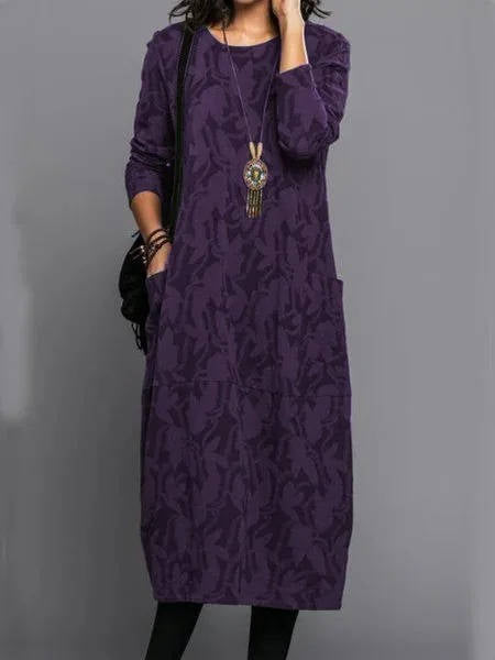 Purple long sleeve midi dress with leaf print and round neckline