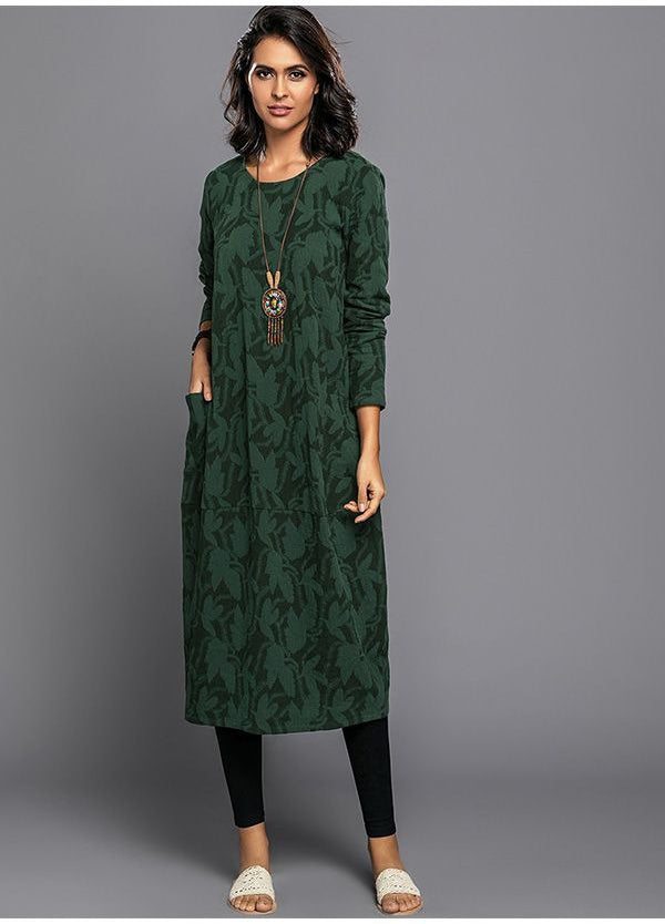Green long sleeve midi dress with leafy pattern and round neckline